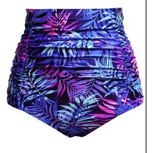 Tempt Me Women High Waisted Swimsuit Bottom Purple Leaves Tummy Control Ruched L
